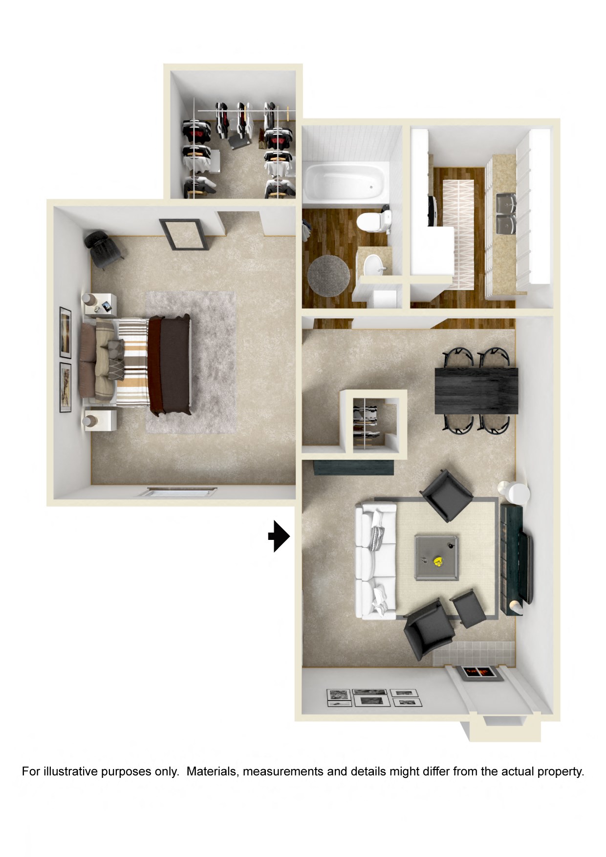Floor plan for 1 bed, 1 bath, 705 sqft